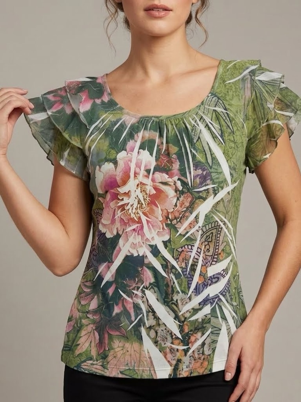 Jane Ashley Women's Large Floral Blouse Green Flutter Ruffle Sleeve Top Size L